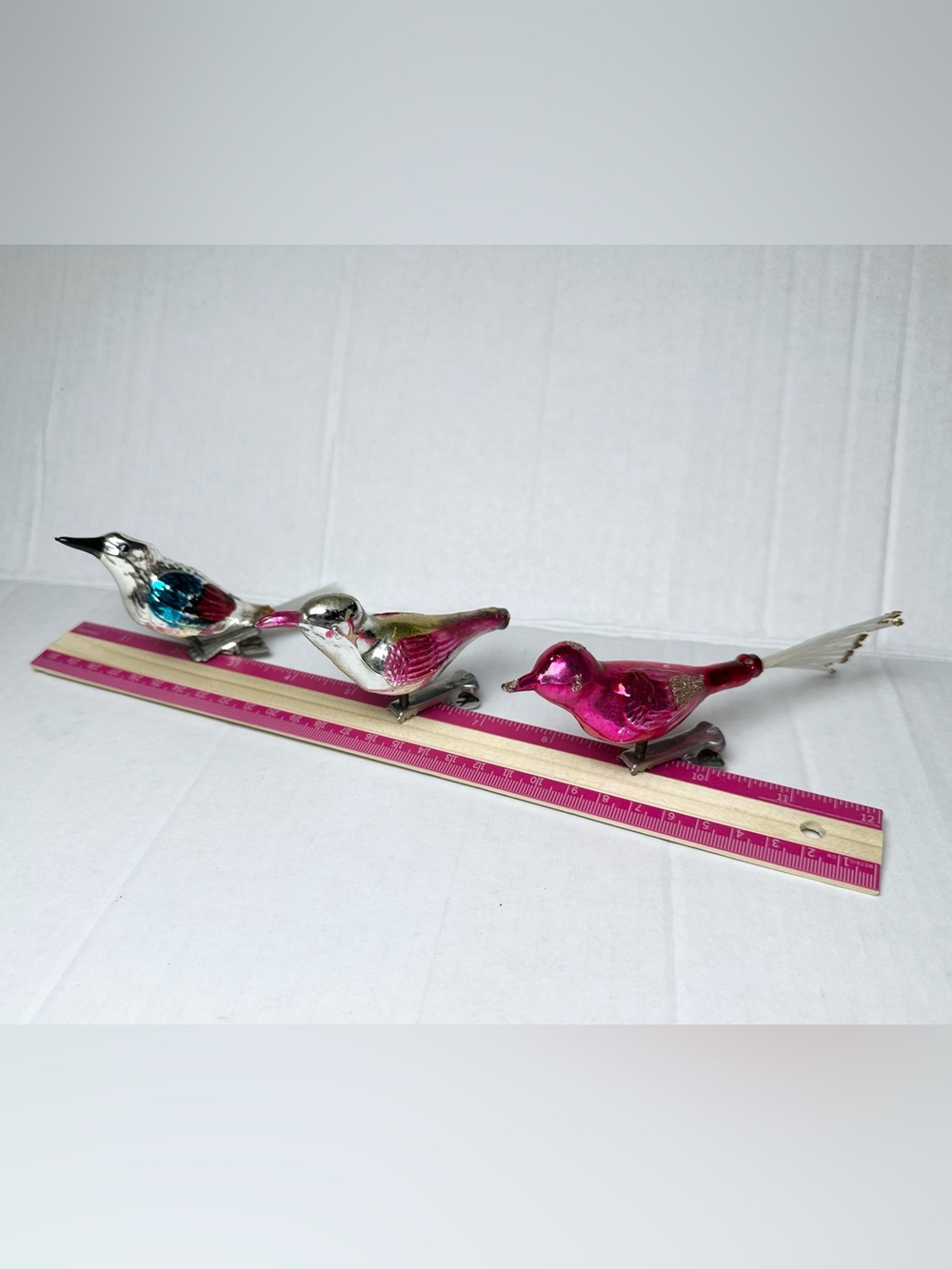 VTG German Blown Mercury Glass Bird Clip On Tree Ornament-Fuchsia Gold Silver